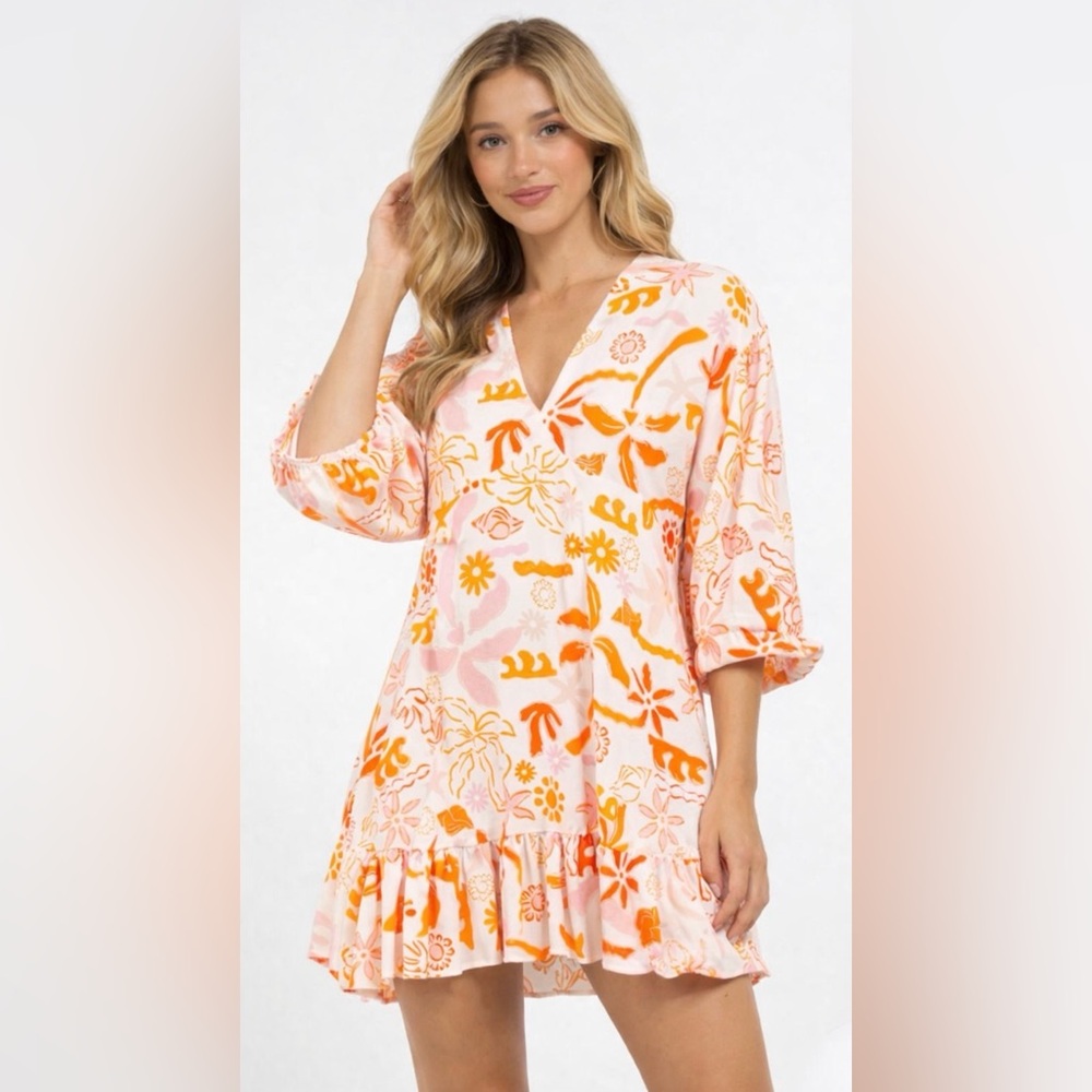Label of Love Babydoll Ruffle Dress Pink Orange Tropical Print Floral Mini L